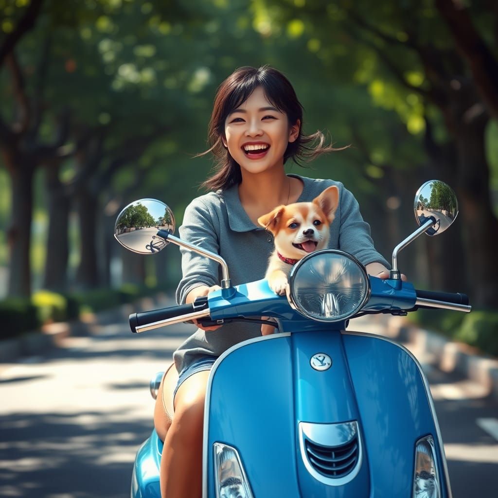 Woman and Puppy on Vespa Scooter: Matte Painting