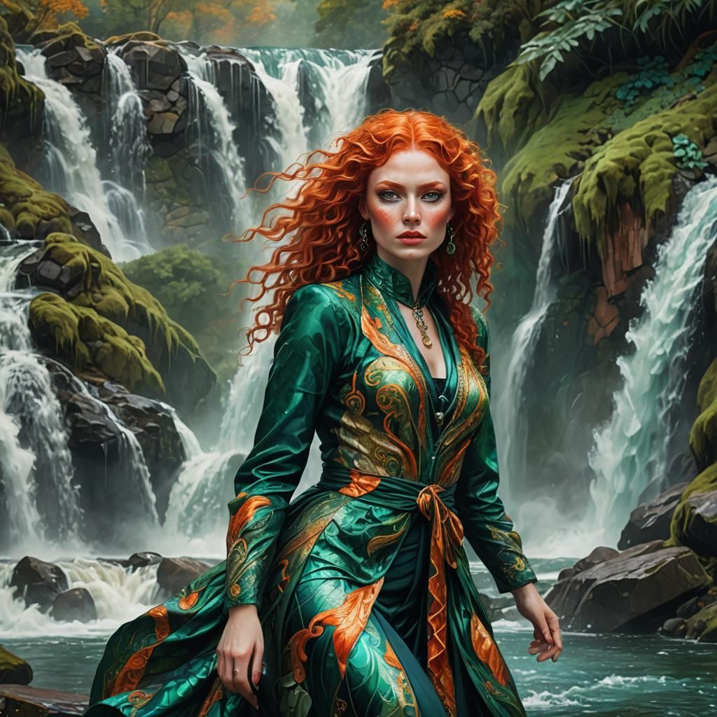 Redhead with Bold Makeup Poses Before Waterfall