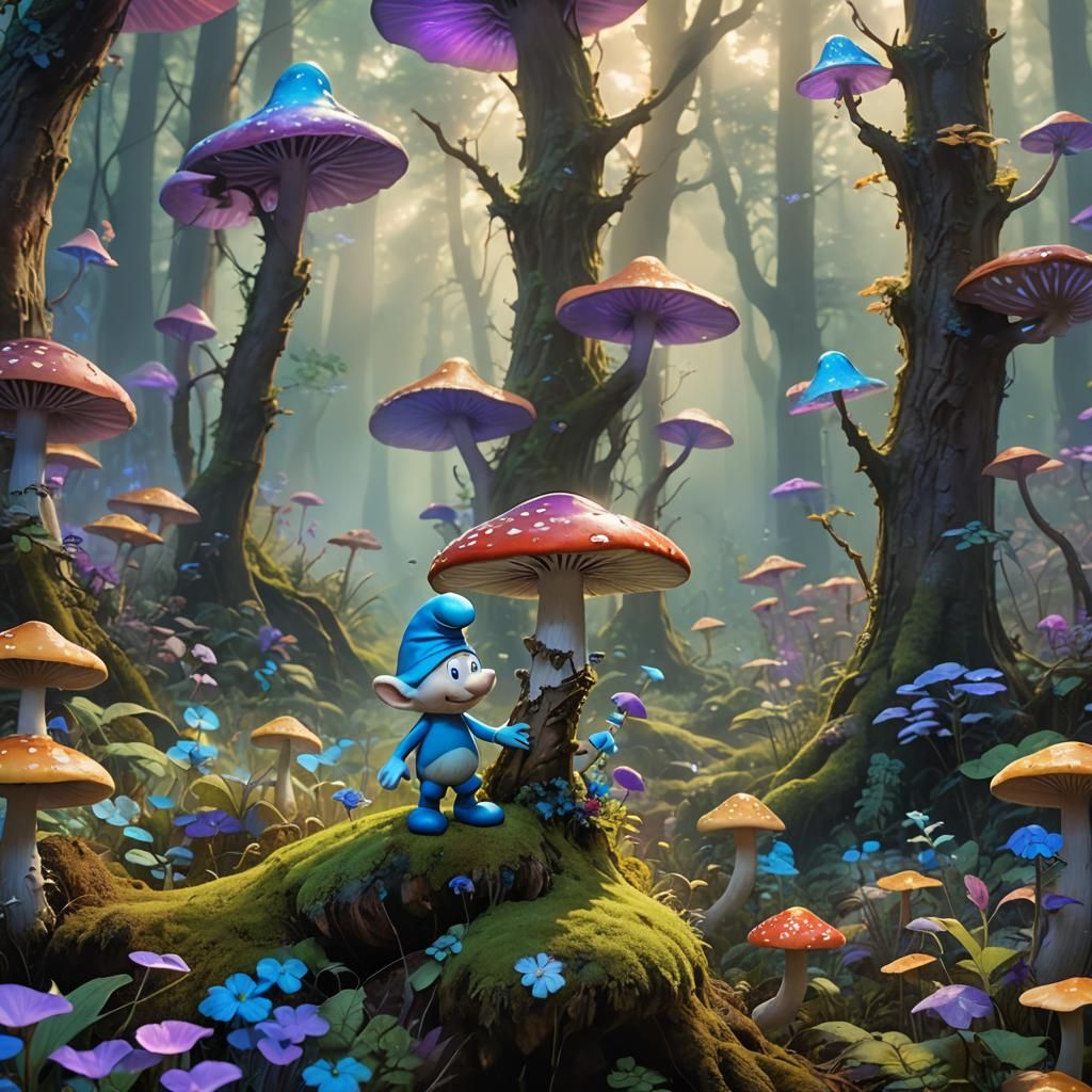 Smurf on Mushroom in Whimsical Forest