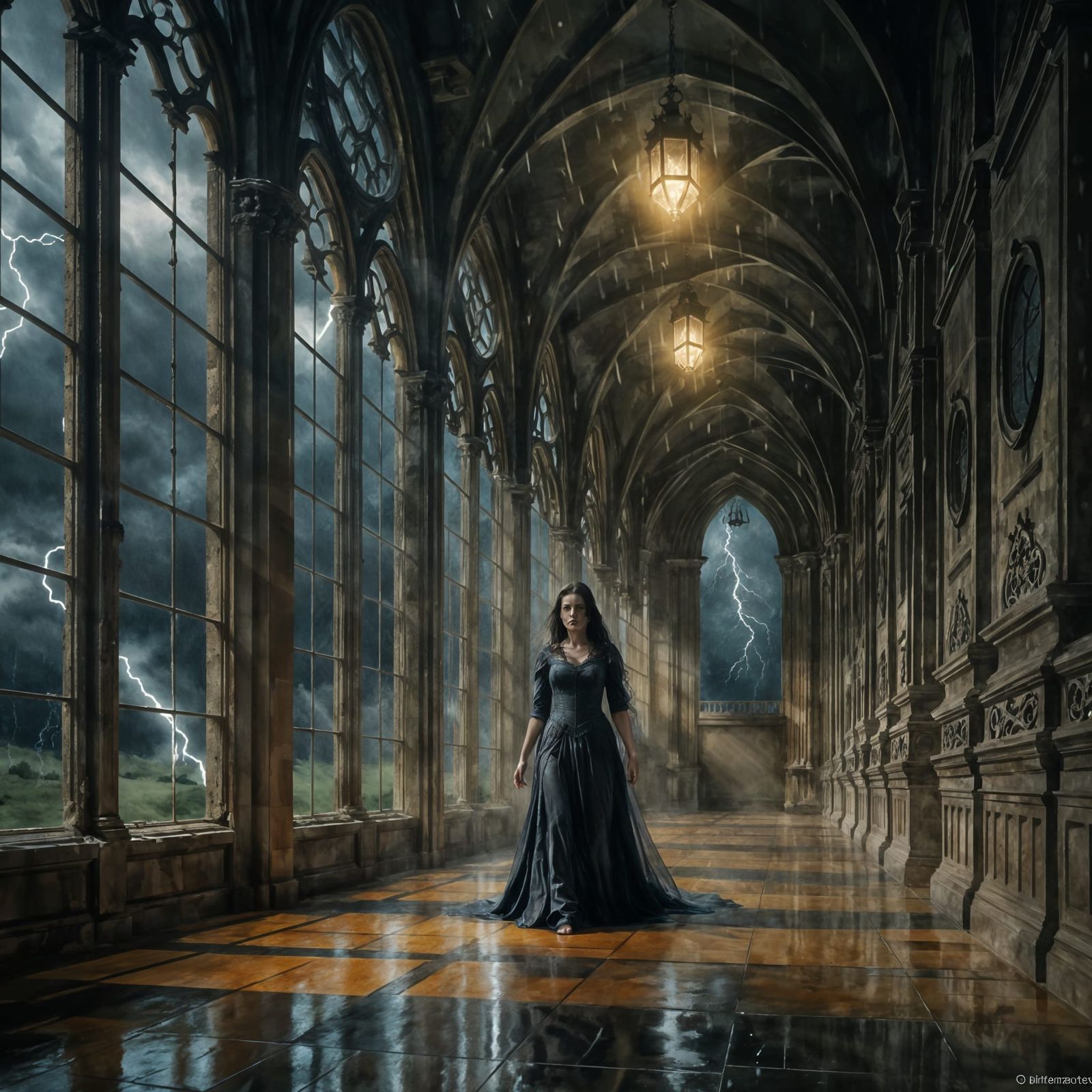 Eerie Gothic Castle Interior in Watercolor