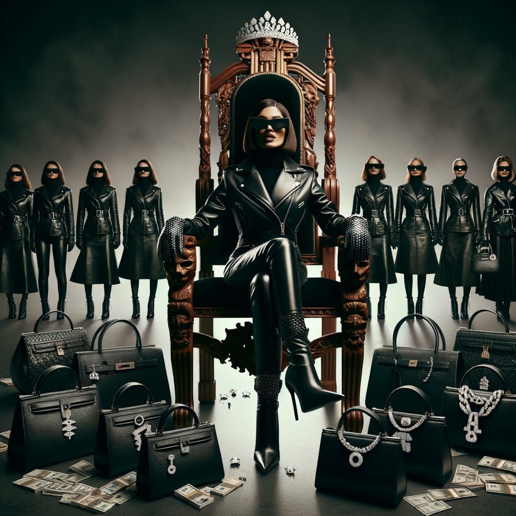 Leather-Clad Villain Queen on Throne with Stolen Jewels