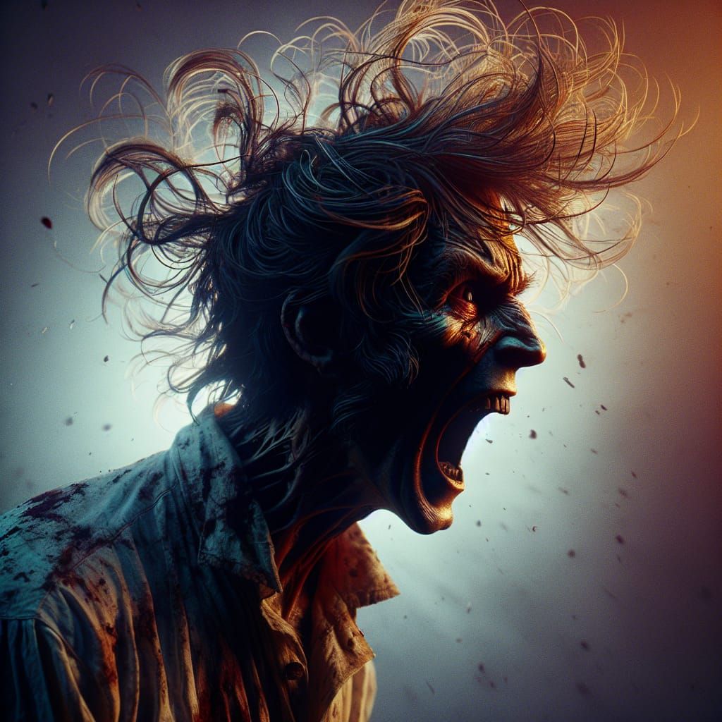 Hyperrealistic Screaming Character in Dramatic Lighting