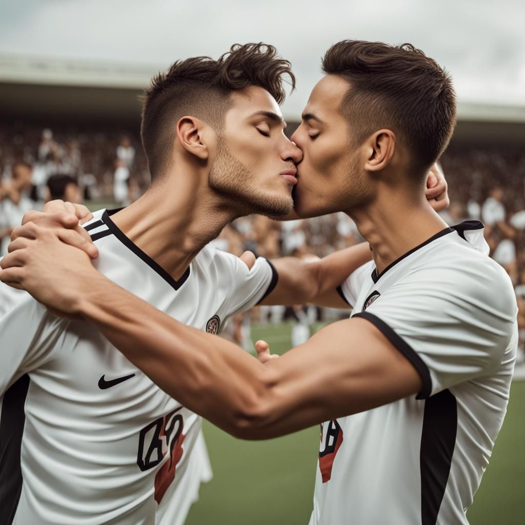 Soccer Players' Jubilant Kiss After Goal