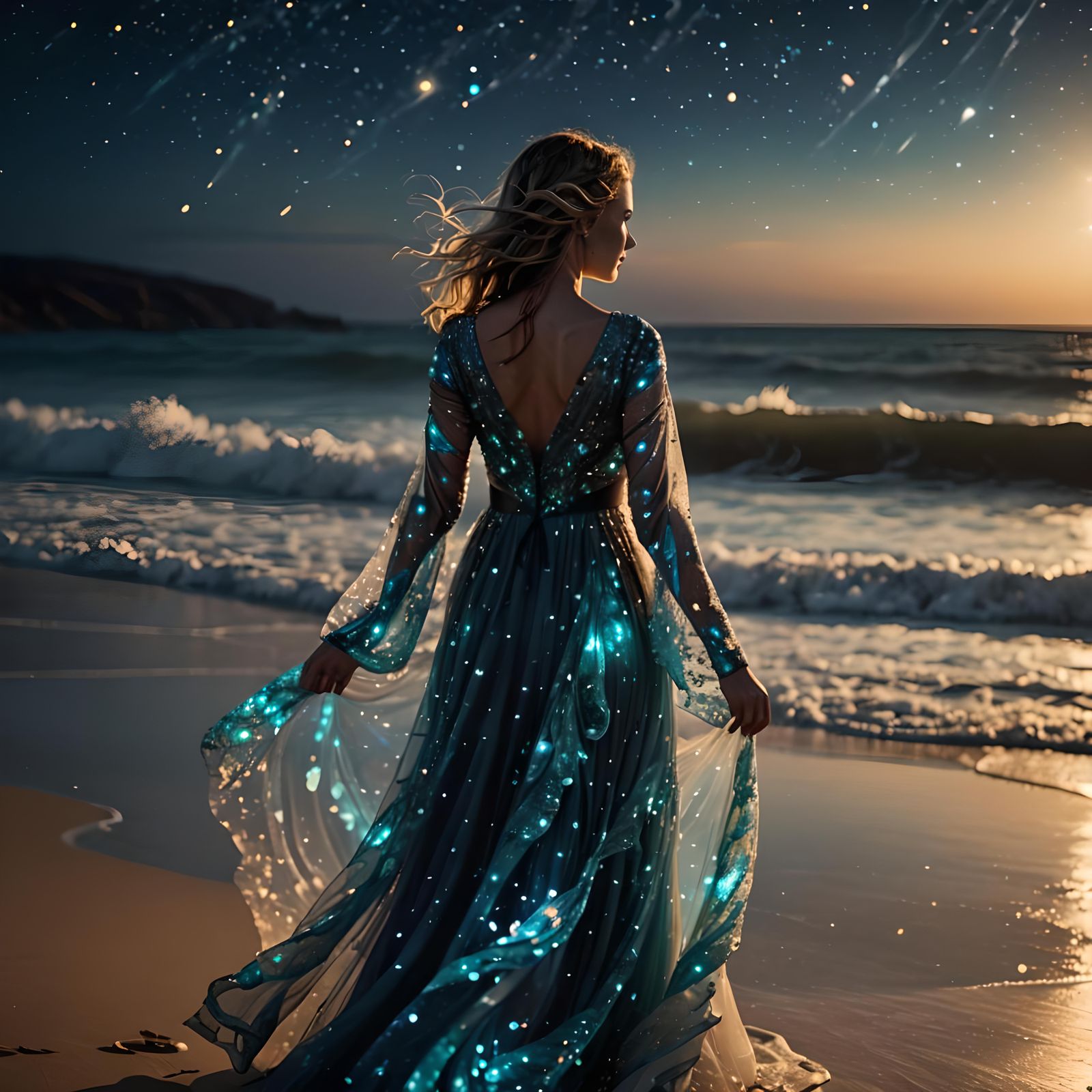 Celestial Woman Walking on Starry Beach