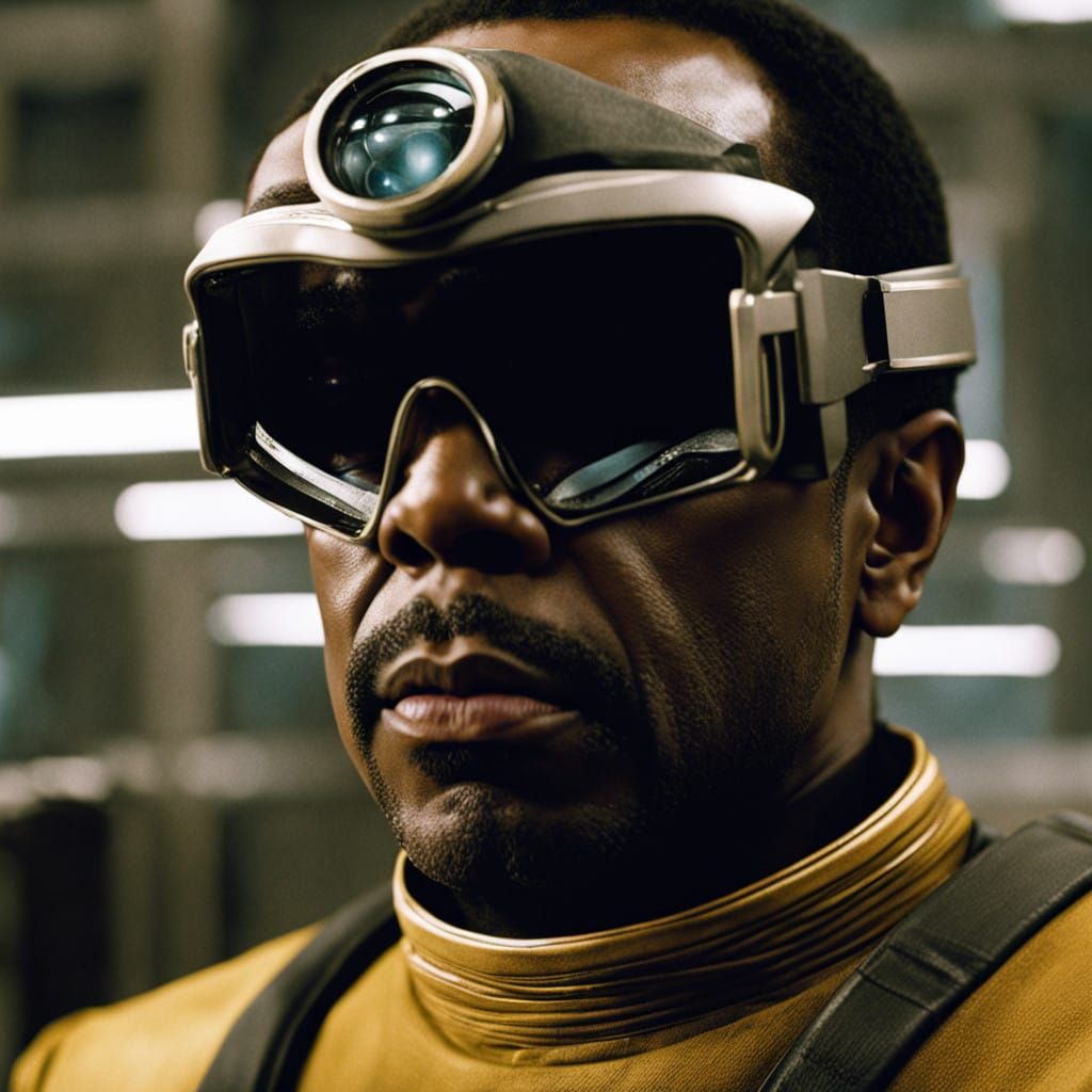 Star Trek, Geordi la Forge (LeVar Burton) with a silver band covering his eyes