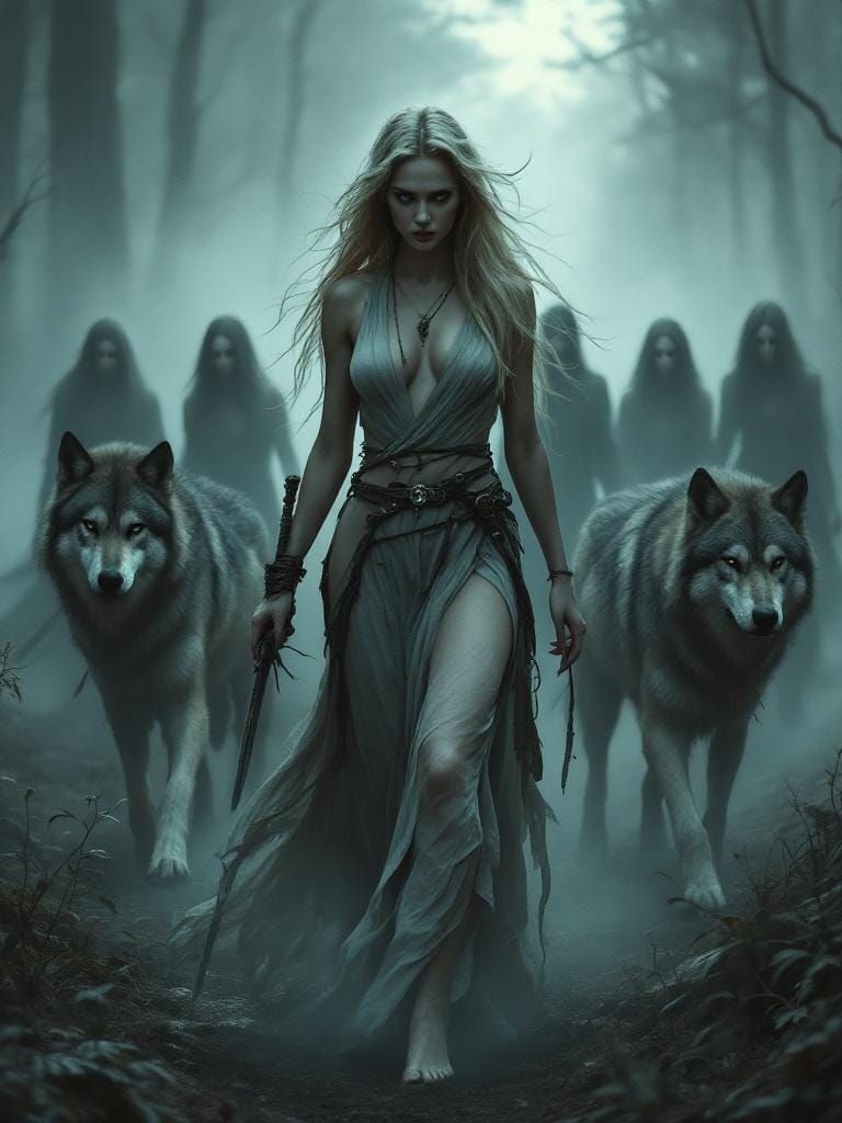 Fierce Female Figure in Dark Fantasy Style
