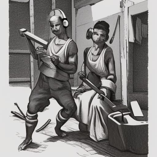 18th Century Laborers Forging Scissors, Linocut Style