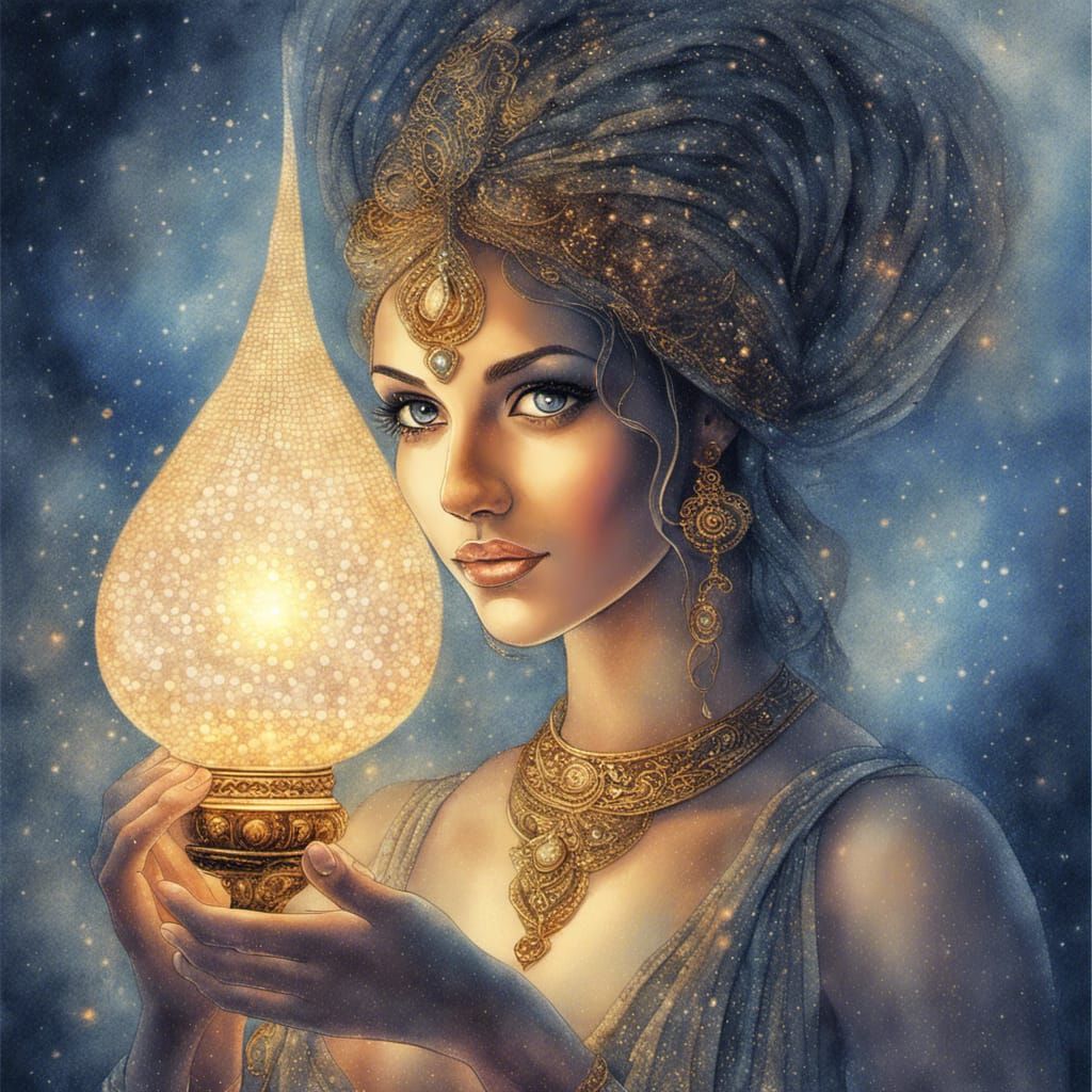 Genie Emerges from Lamp in Watercolour Pointillism