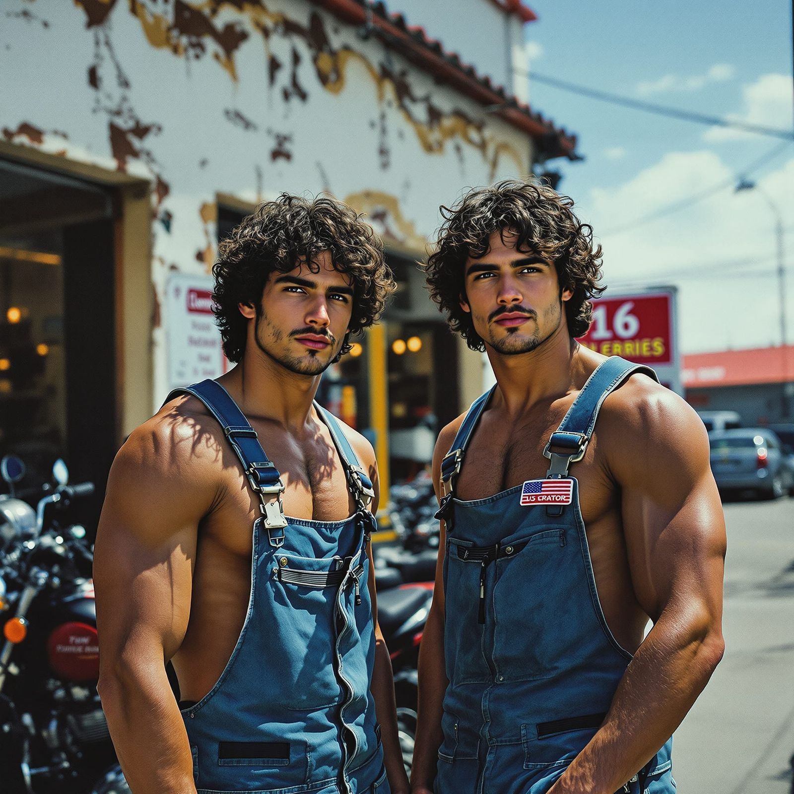 Muscular Italian Twins on Motorcycle Shop Break