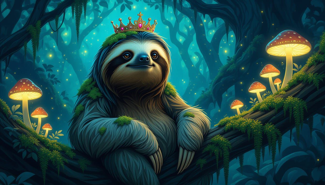 Wise Sloth King in Bioluminescent Forest