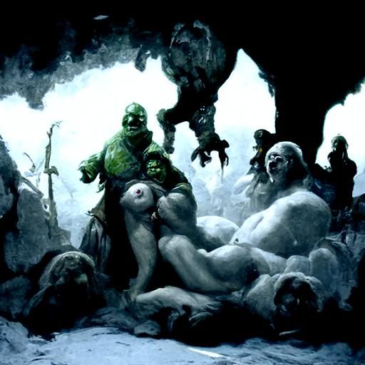 Grotesque Ogre Orgy in Dark Fantasy Style