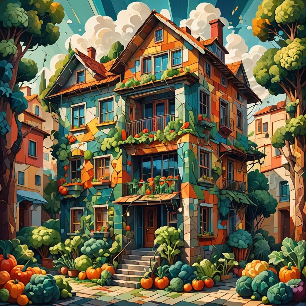 Vegetable House: Hyperrealistic Cubist Art
