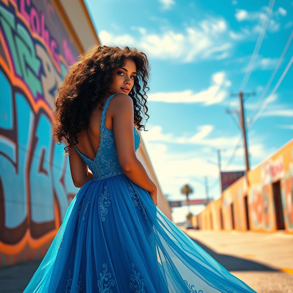Ethereal Woman in Azure Gown Surrounded by Retro-Futuristic ...