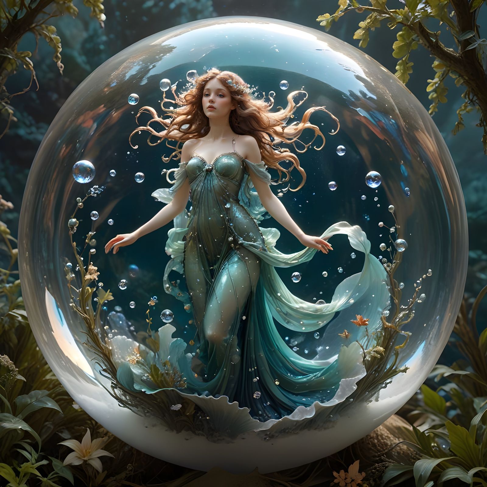 Water Nymph in Shimmering Bubble, Art Nouveau Style