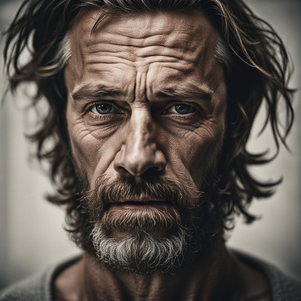 Detailed Portrait of Man with Beard in Hyperrealism Style