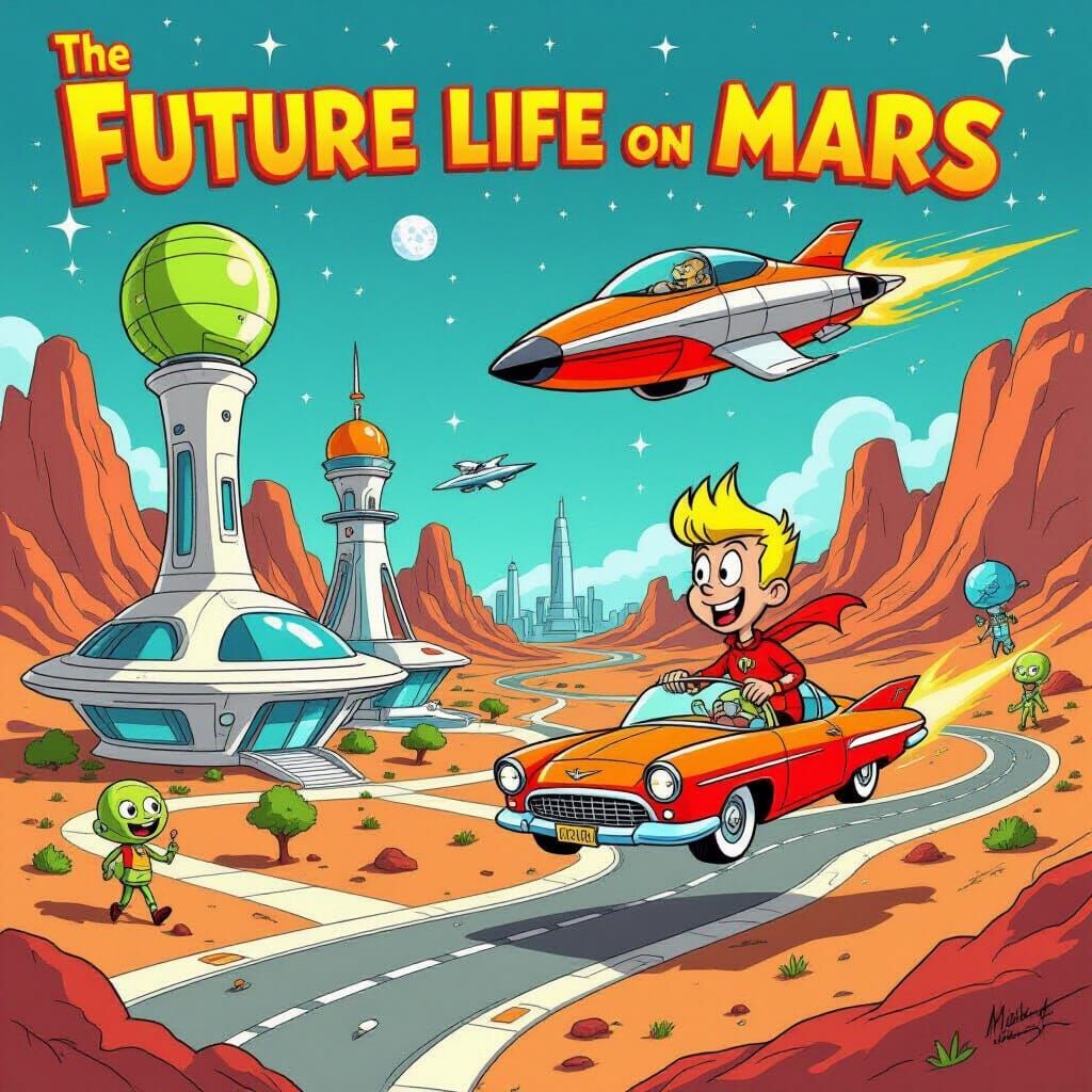 Retro Future Mars Colony in Cartoon Comic Style