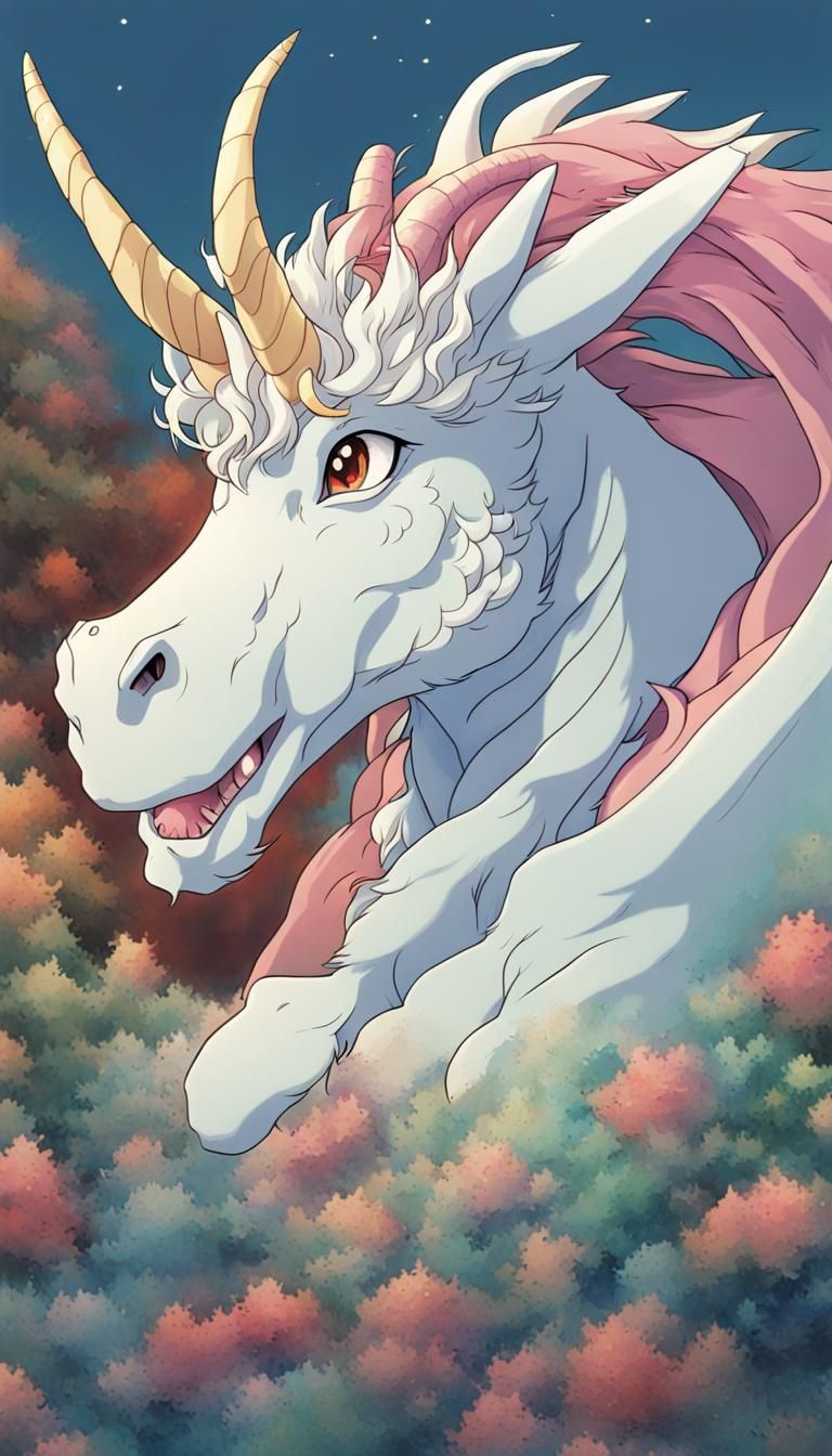 Majestic Dragon Unicorn in Whimsical Ghibli Style