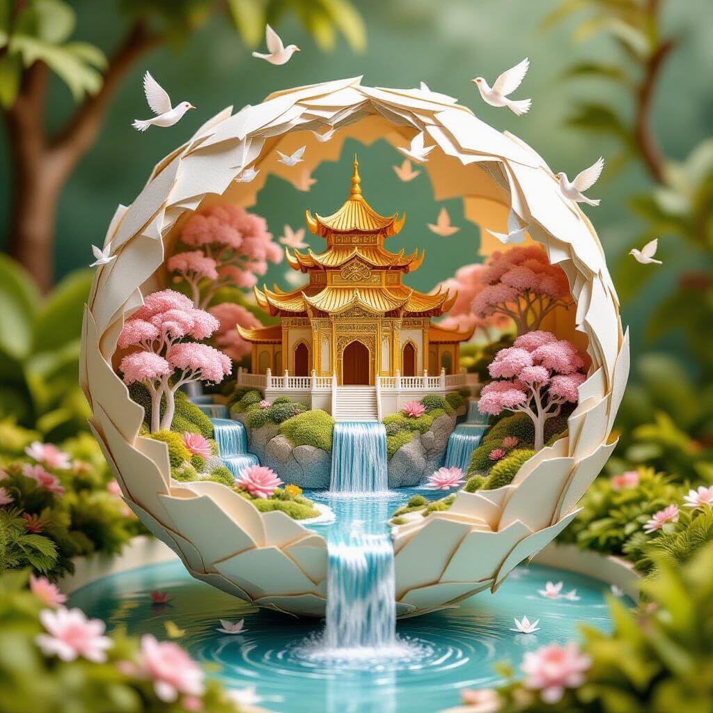 A paradise in motion enclosed in the paper-crafted sphere.