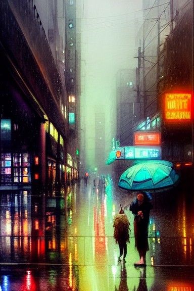 Neon Reflections on a Rainy City Street