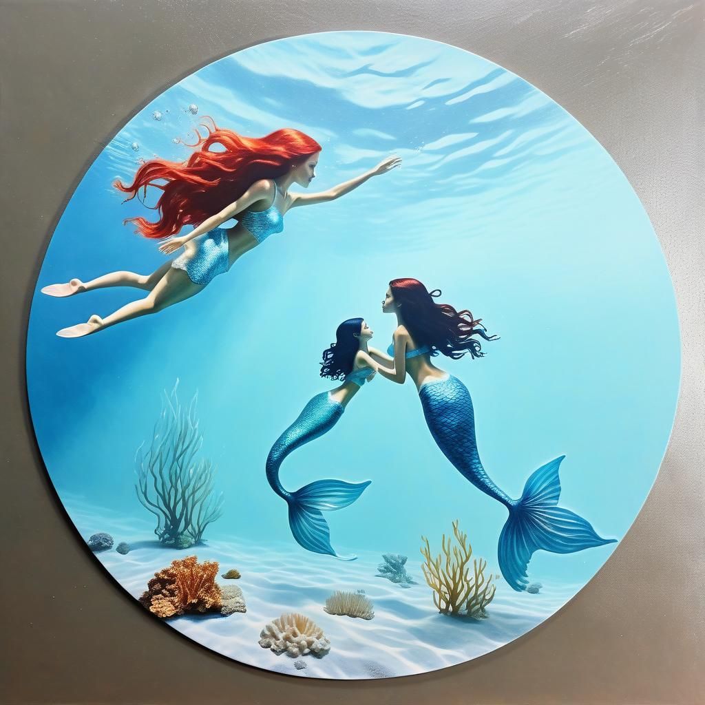 Two Mermaids Underwater in Photorealistic Precisionism