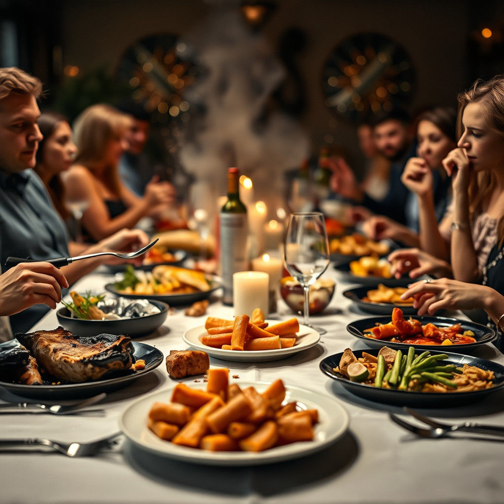 Chaotic Dinner Scene with Burnt Food