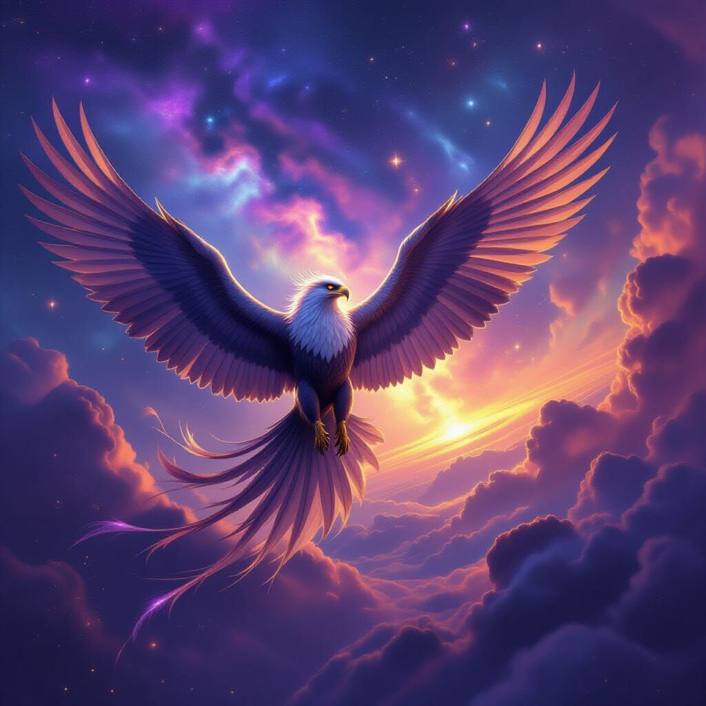 Majestic Griffin Soars Through Cosmic Nebula Sky