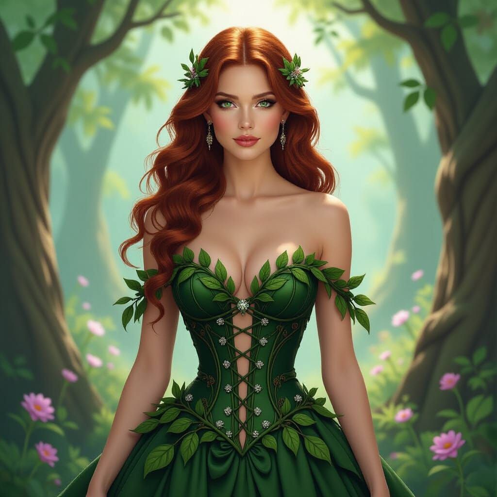 Forest Nymph with Emerald Eyes in Leaf Gown