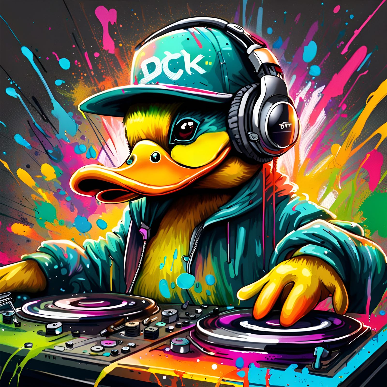 Dewey Duck DJing a Techno Party in Graffiti Style
