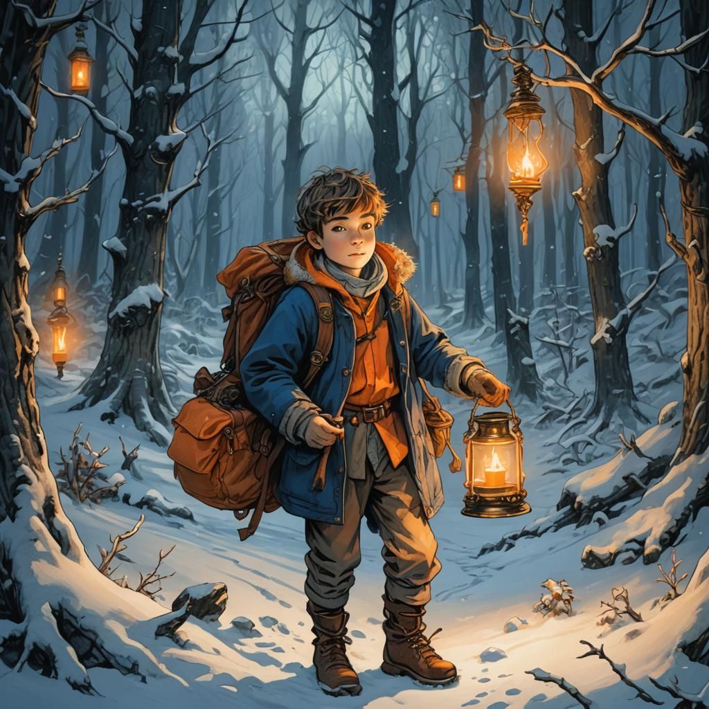 Boy with Candle in Snowy Forest, Arthur Rackham Style