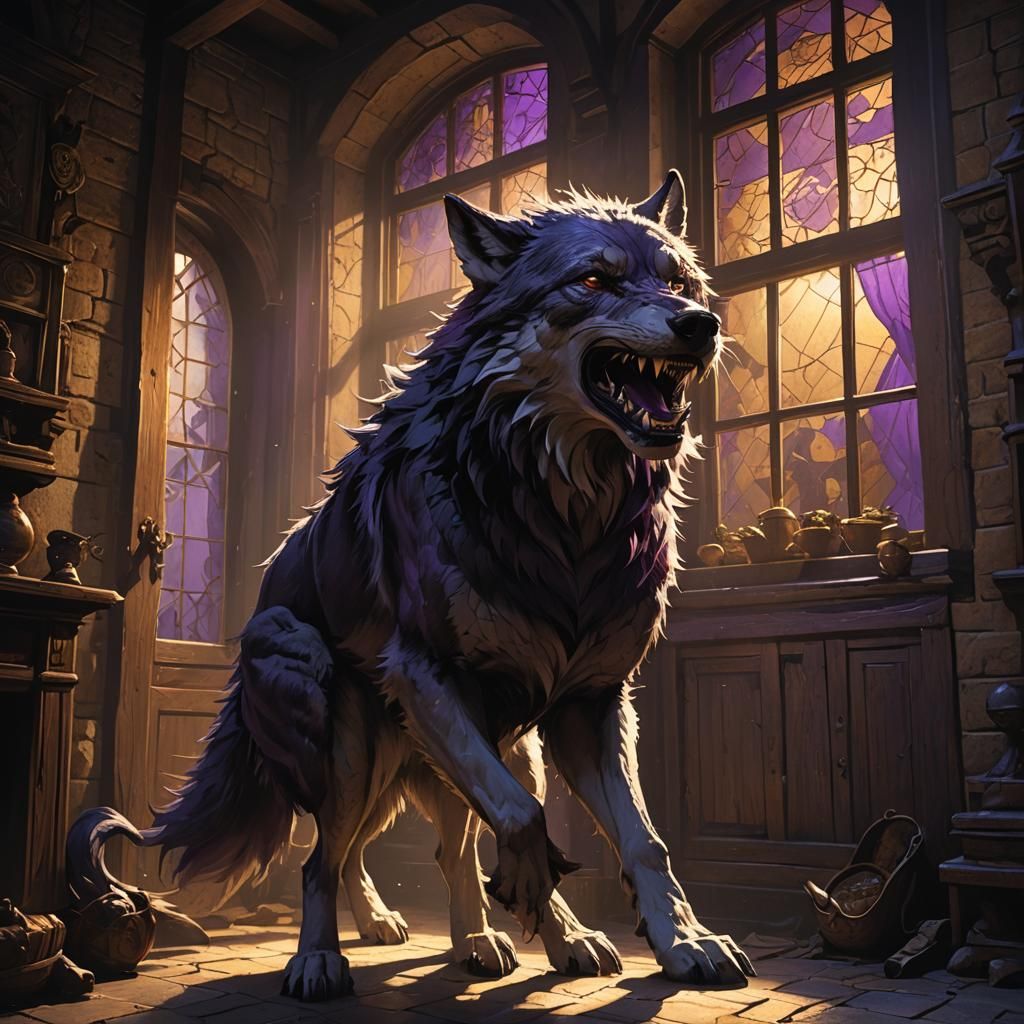 Wolf Attack in Medieval Home: Dark Fantasy Art