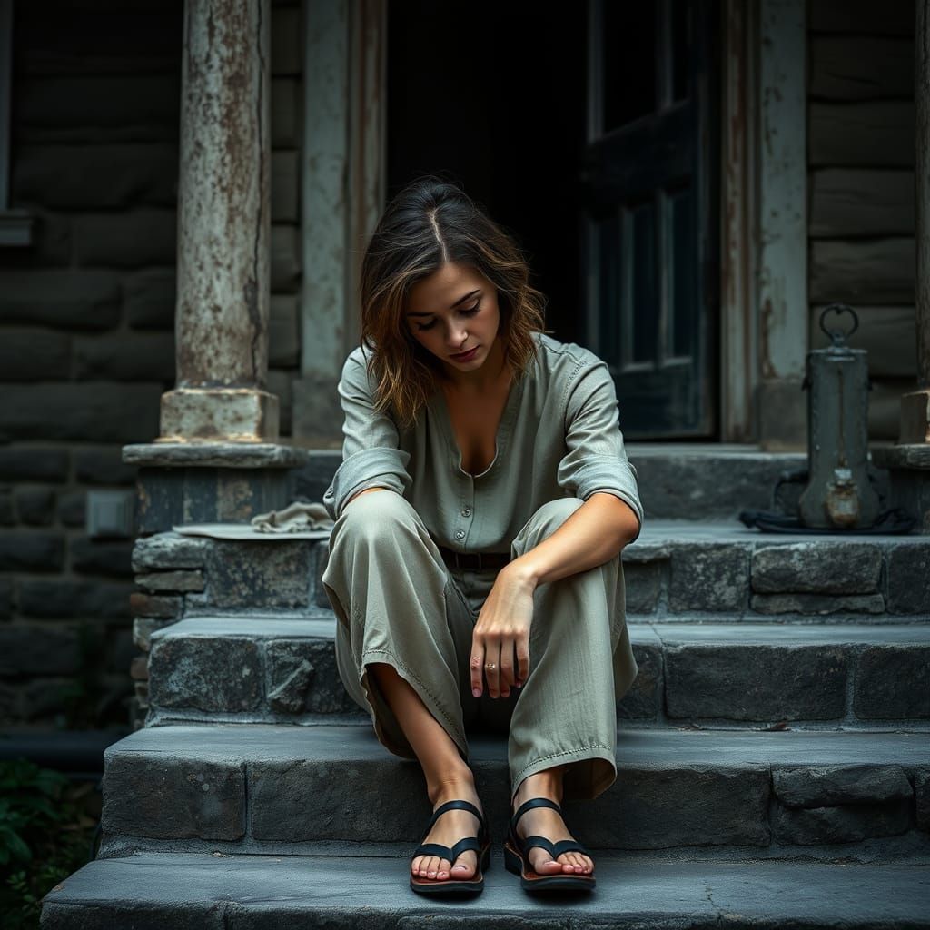 Weary Woman on Stone Steps: Fine Art Portrait