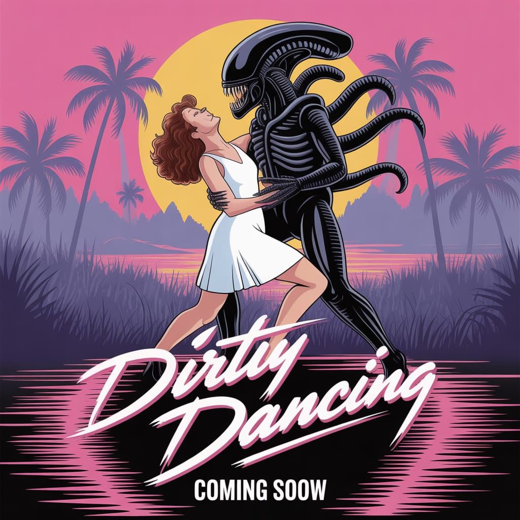 Xenomorph Dances Dirty With Human in Movie Poster Style