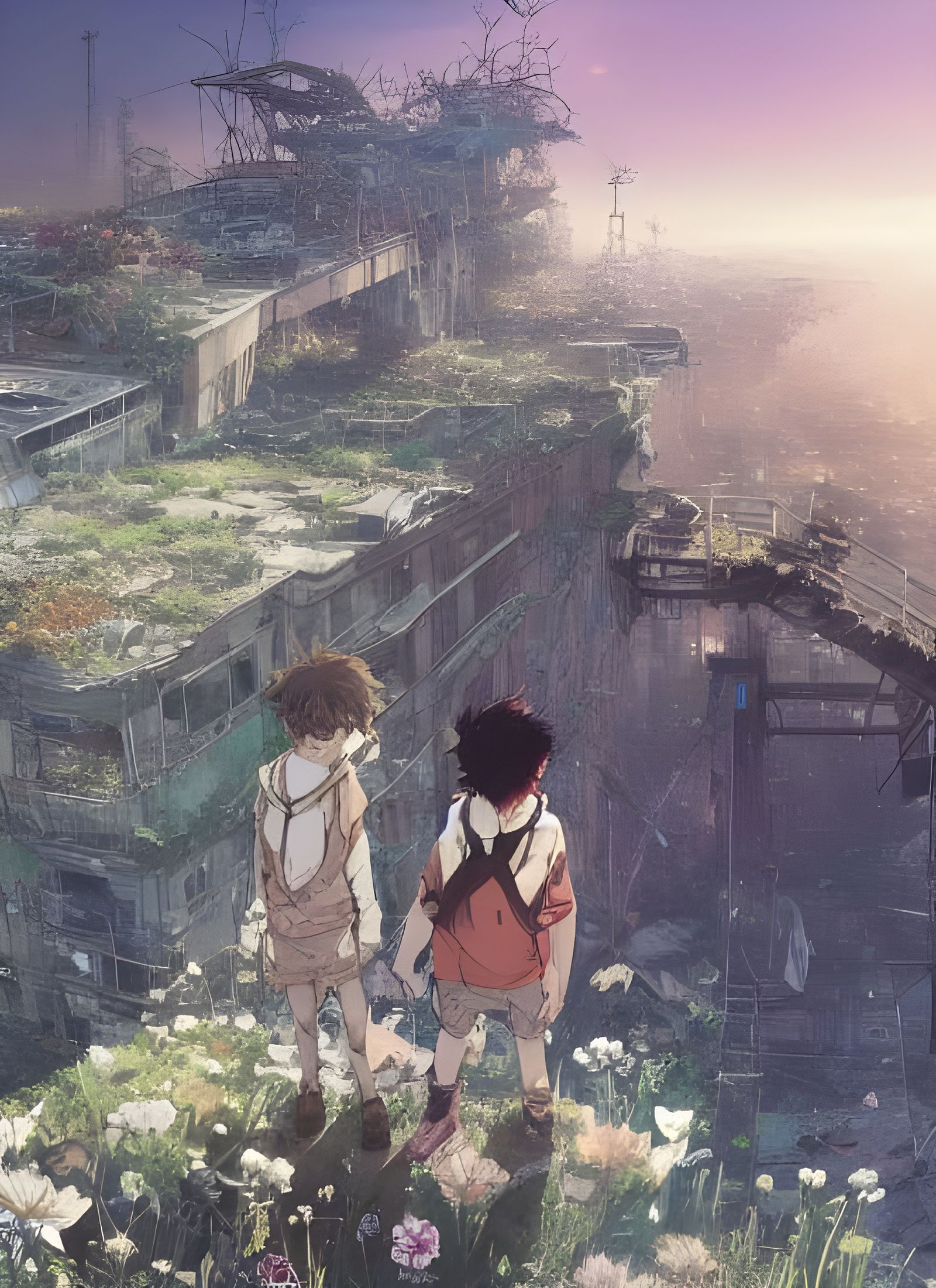 Anime Boys in Overgrown Post-Apocalyptic City
