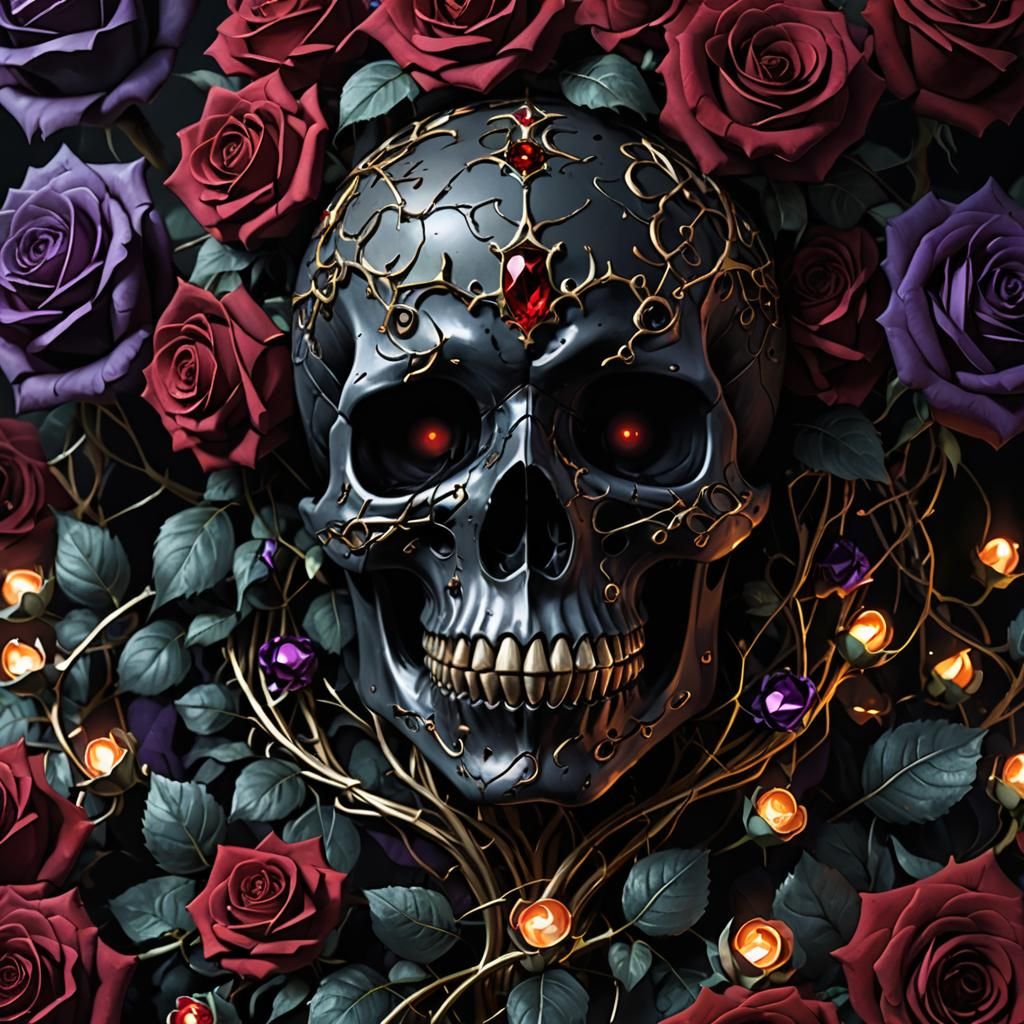 Crimson Gem Skull in Dark Fantasy Rose Garden
