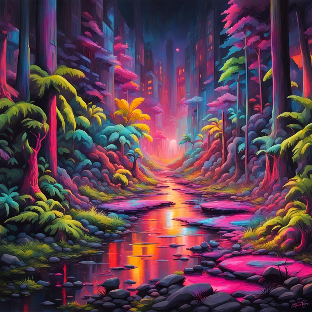 Neon Forest Night in Graffiti Art Style