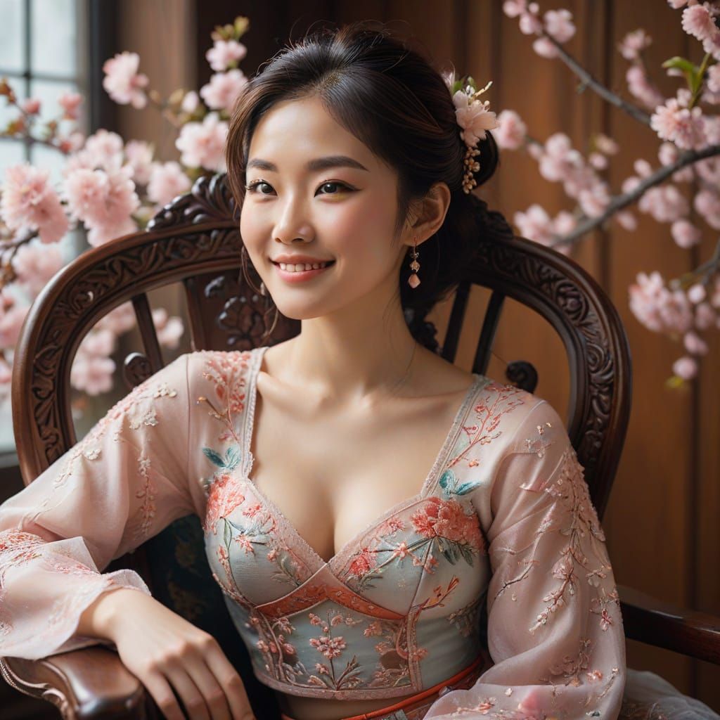 Japanese Woman in Floral Cherry Blossoms, Vibrant Pastels