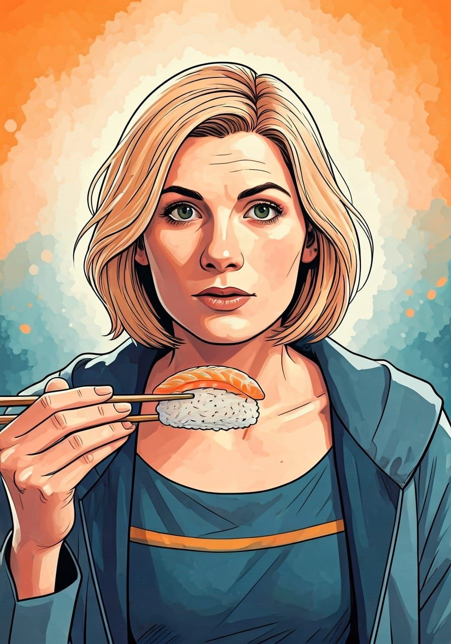 Jodie Whittaker as Doctor Inspects Sushi, Graphic Novel Styl...