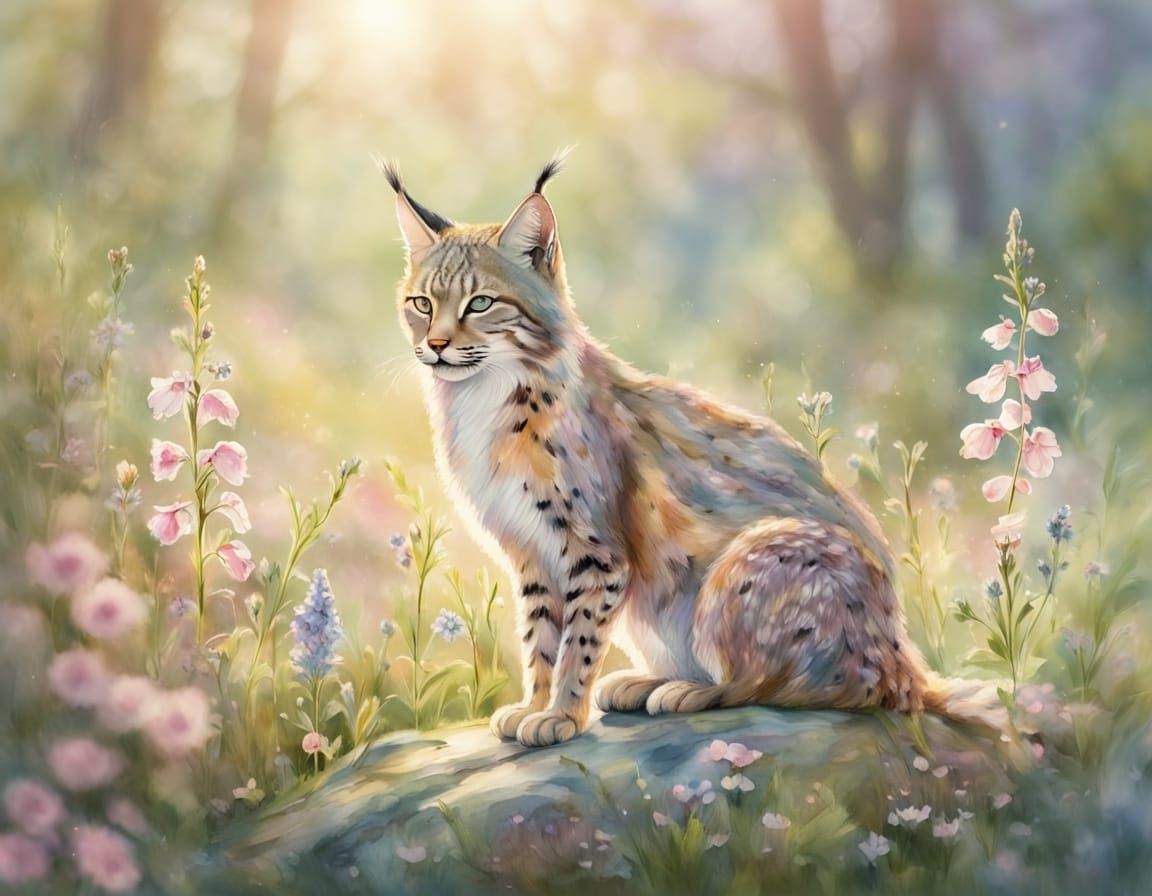 Whimsical Watercolor Iberian Lynx in a Sun-Dappled Meadow
