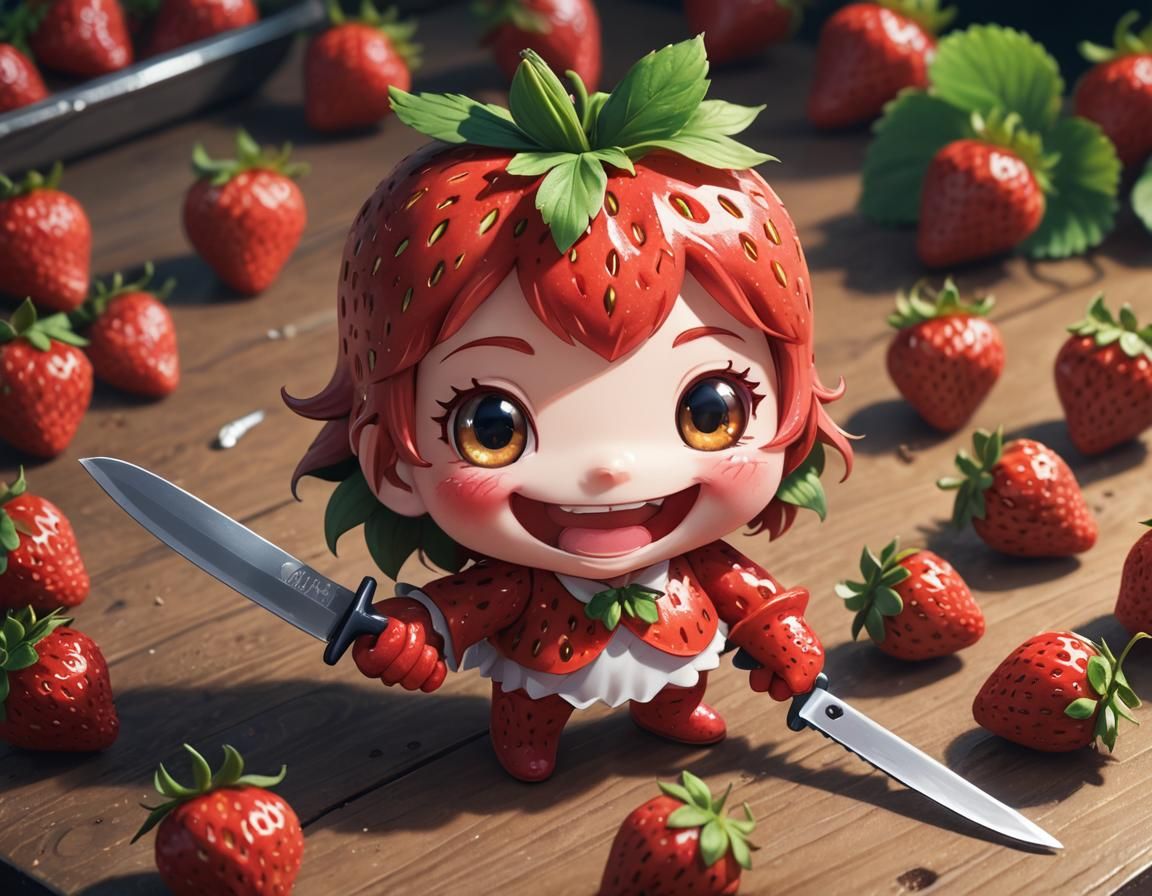 Smiling Strawberry with Knife: Manga Anime Style