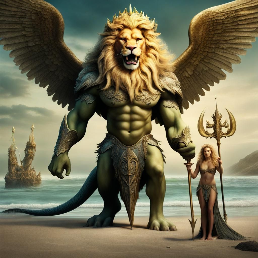 Winged Lion Prince and Merman on the Shore