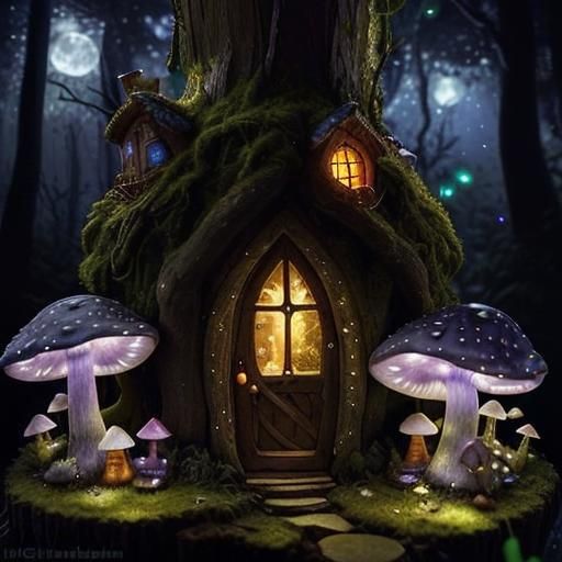 Mushroom door in fantasy forest