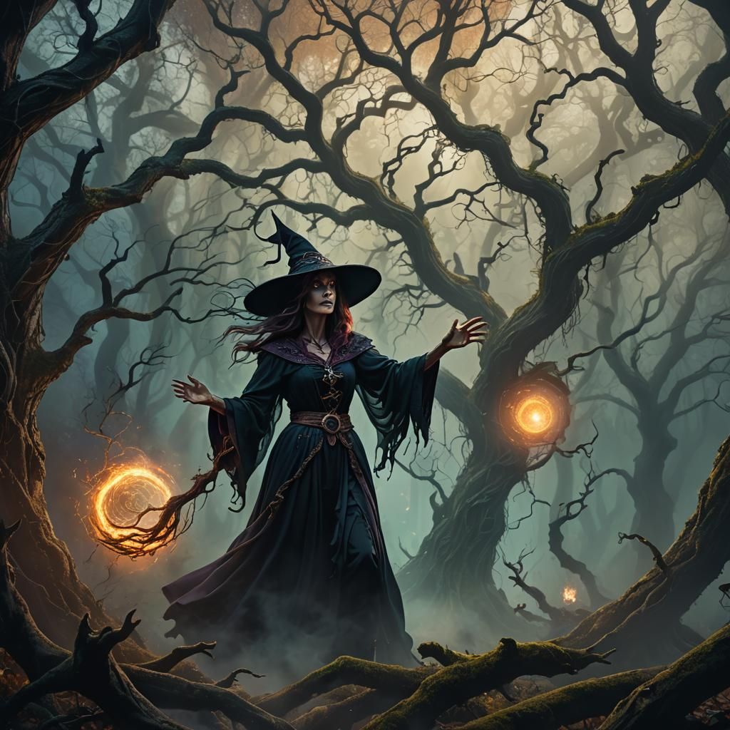 Witch Casting Spell in Mystical Forest