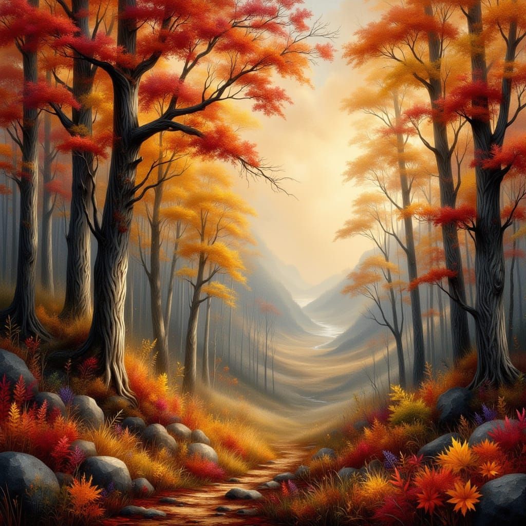 Autumn Forest in Golden Light with Swirling Mists