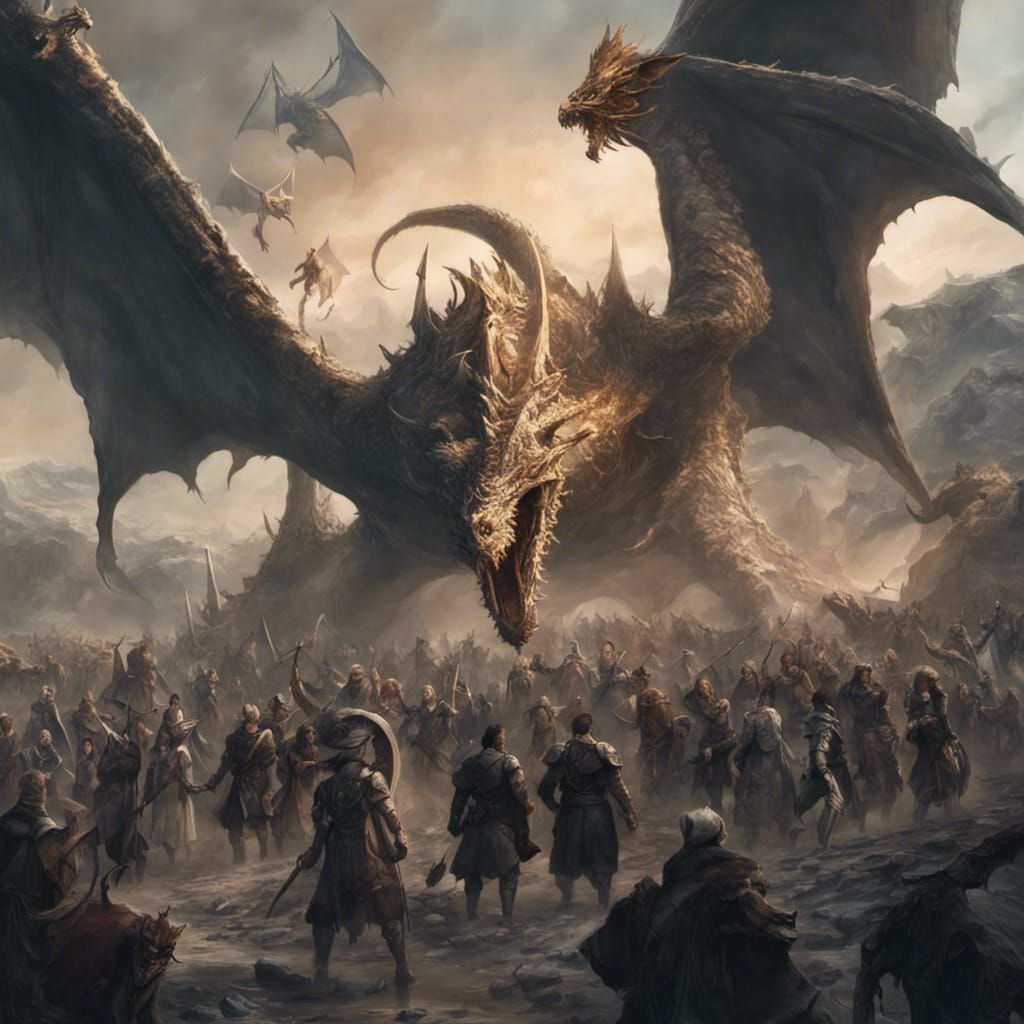 Epic Fantasy Battlefield Scene with Dragons