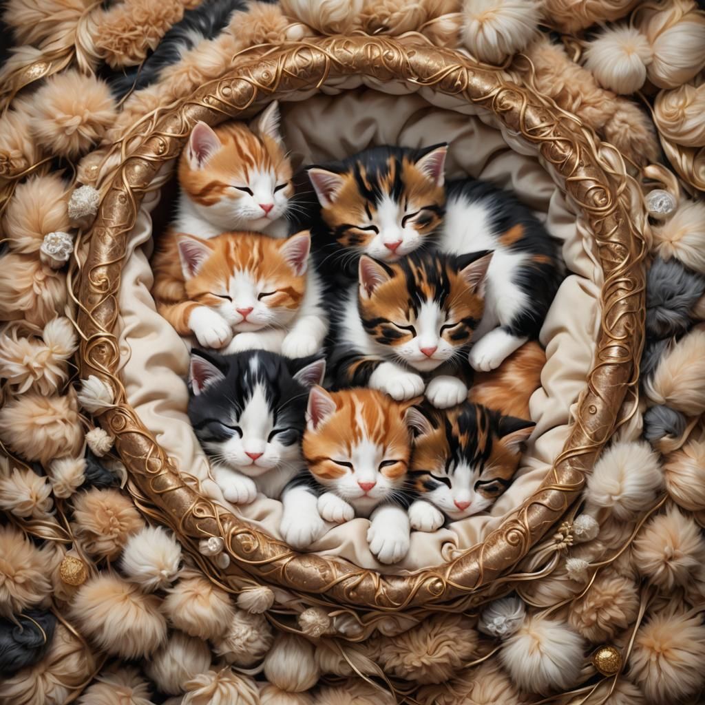 Calico Kittens Sleeping: Whimsical Art Nouveau Concept