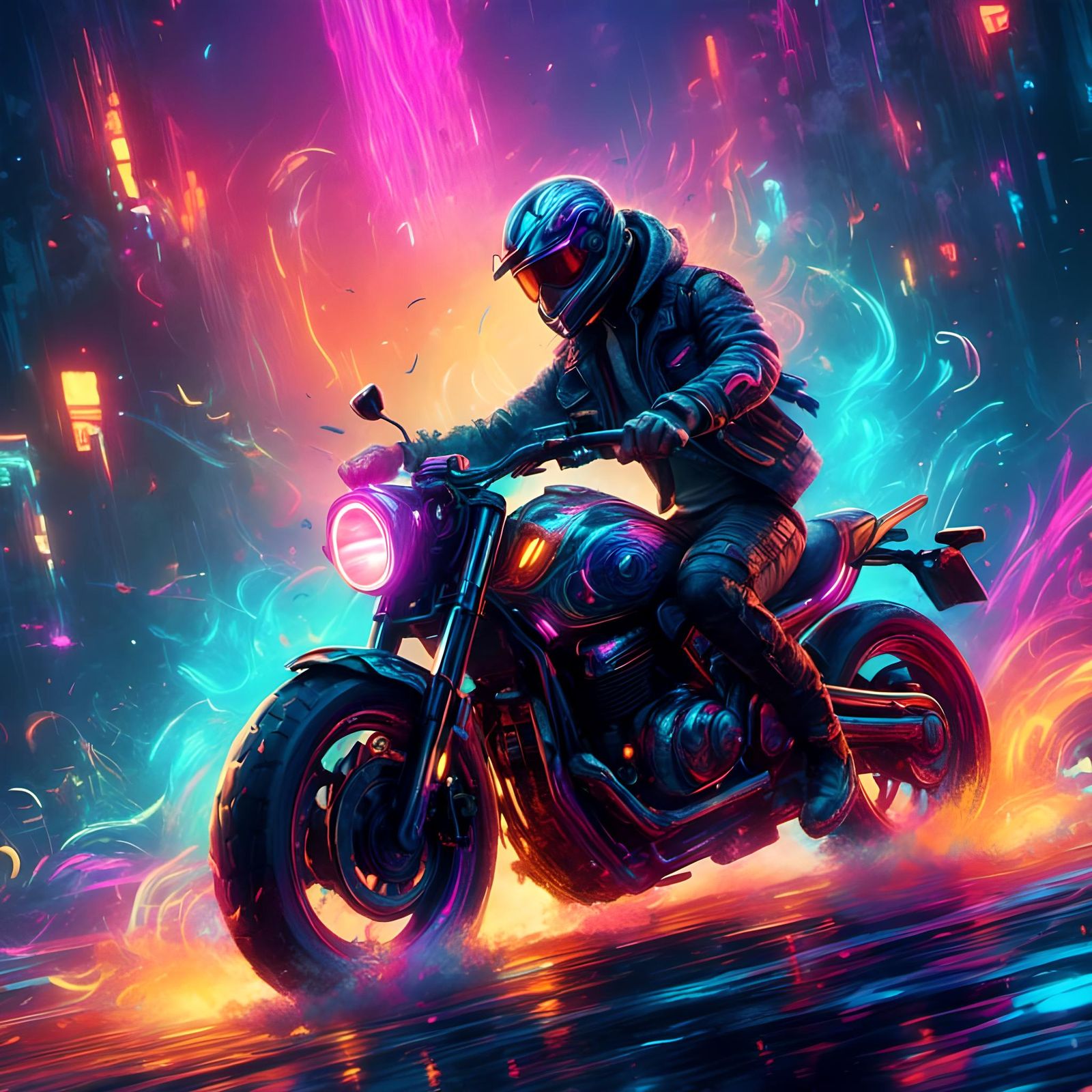 Motorcycle Rider in Synthwave Neon Style