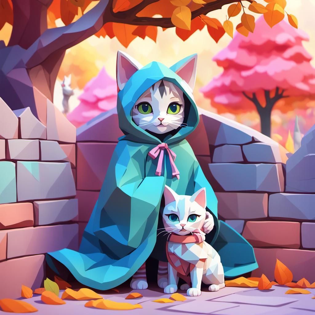 Kitten in Hooded Cloak: Low-Poly 3D Art