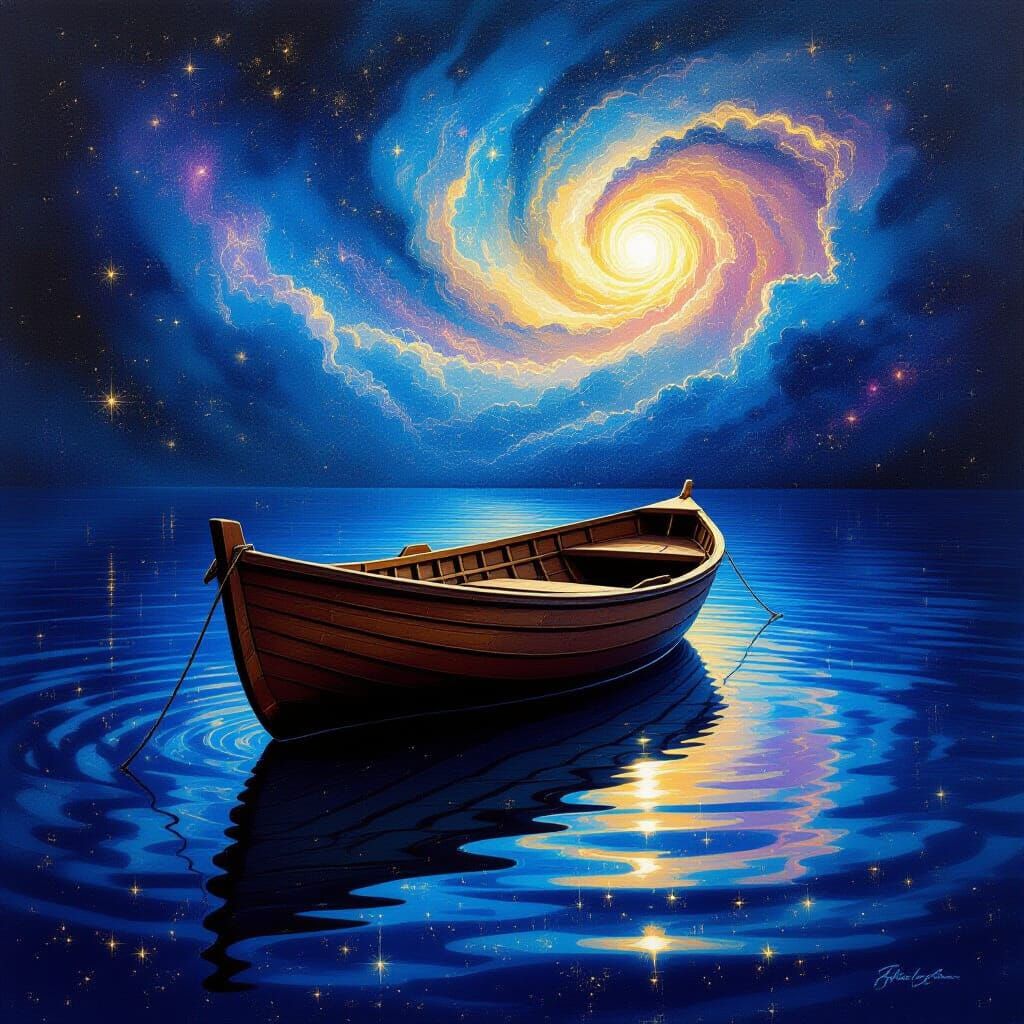 Rowboat Drifts on Shimmering Nebula Cosmic Mirror