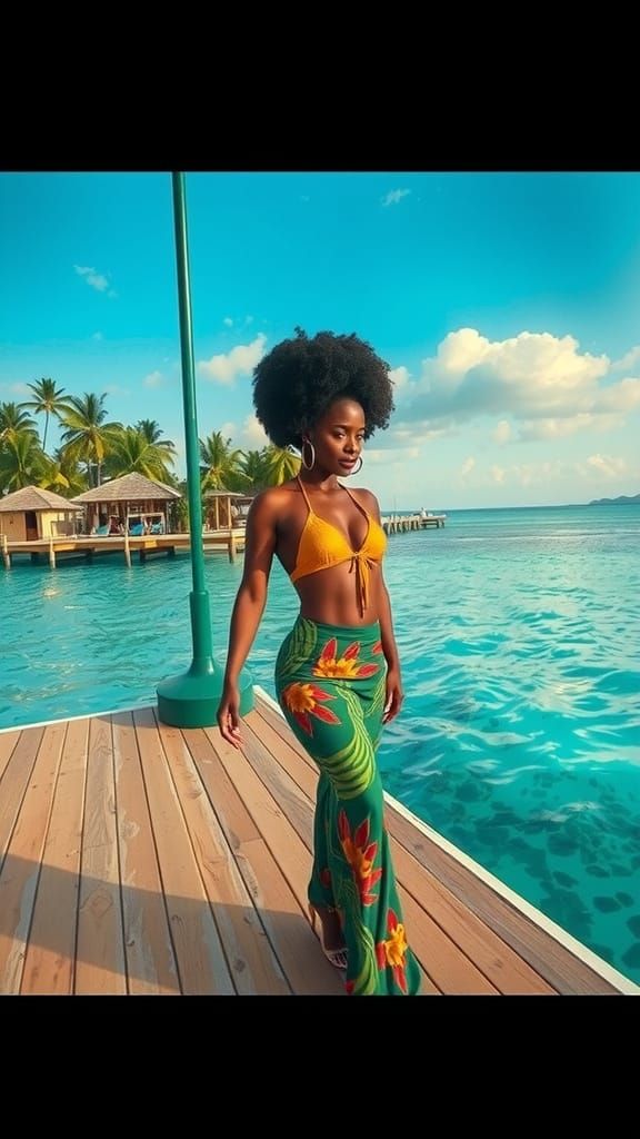 Woman in Gold Bikini & Patterned Skirt on Tropical Dock
