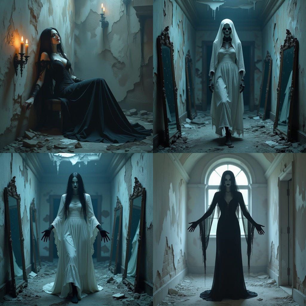 Ethereal Ghost Woman in Decaying Room